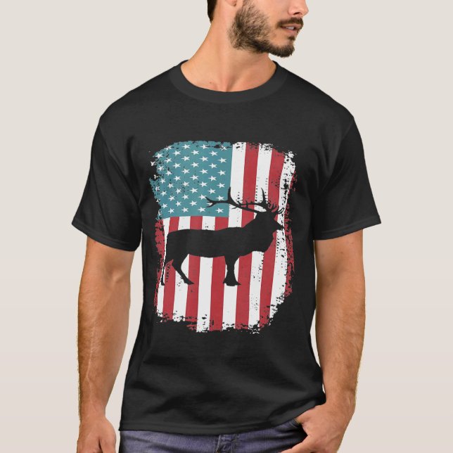 Elk Hunting Patriotic American Flag T-Shirt (Front)
