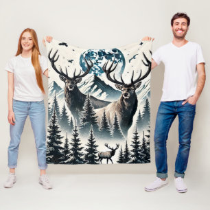 Elk in a Mystical Forest Under a Moonlit Mountain Fleece Blanket