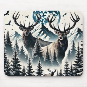 Elk in a Mystical Forest Under a Moonlit Mountain Mouse Mat
