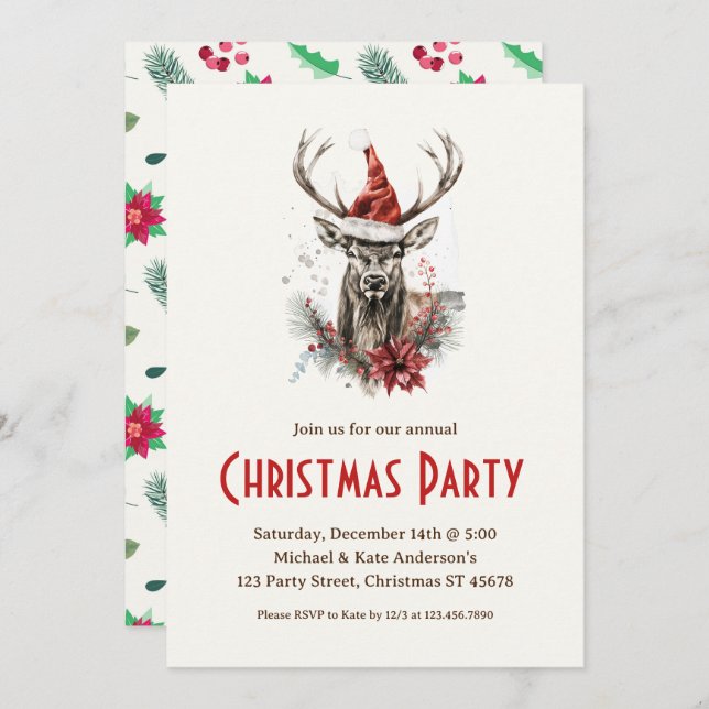 Elk in a Santa Hat Wildlife Deer Christmas Party Invitation (Front/Back)
