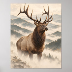 Elk in Copper Mist Mountain Wildlife Poster