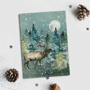 Elk in Forest Full Moon Snowfall Watercolor Holiday Card