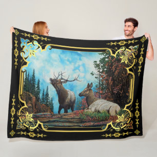 Elk in Montana Mountains, Bull and cow Fleece Blan Blanket