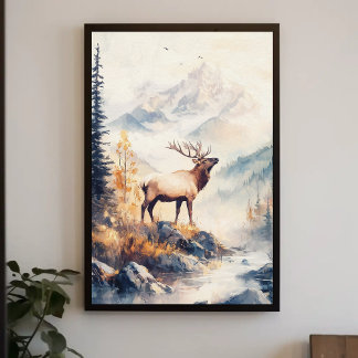 Elk in Mountain Forest Scenery Nature Aesthetic Poster
