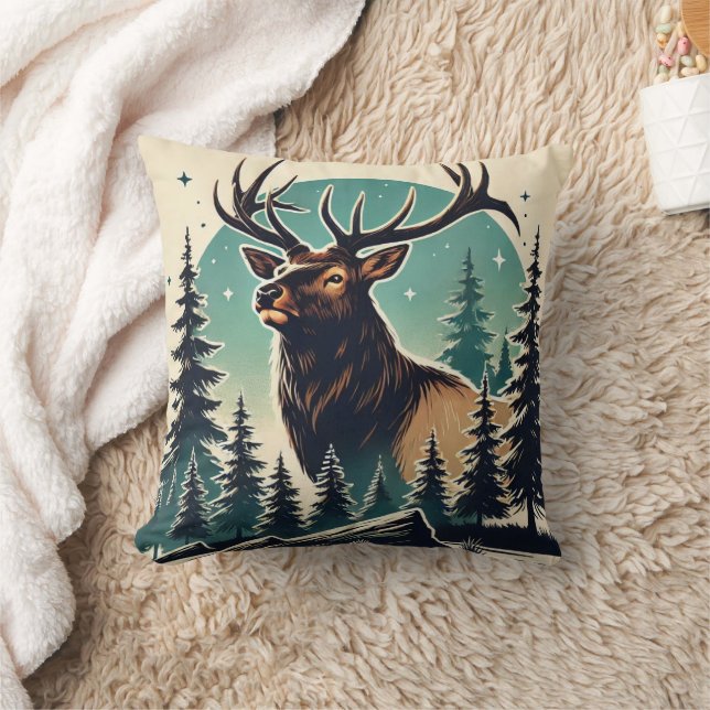 Elk in Stylised Forest with Starry Night Sky Cushion (Blanket)