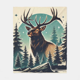 Elk in Stylised Forest with Starry Night Sky Fleece Blanket