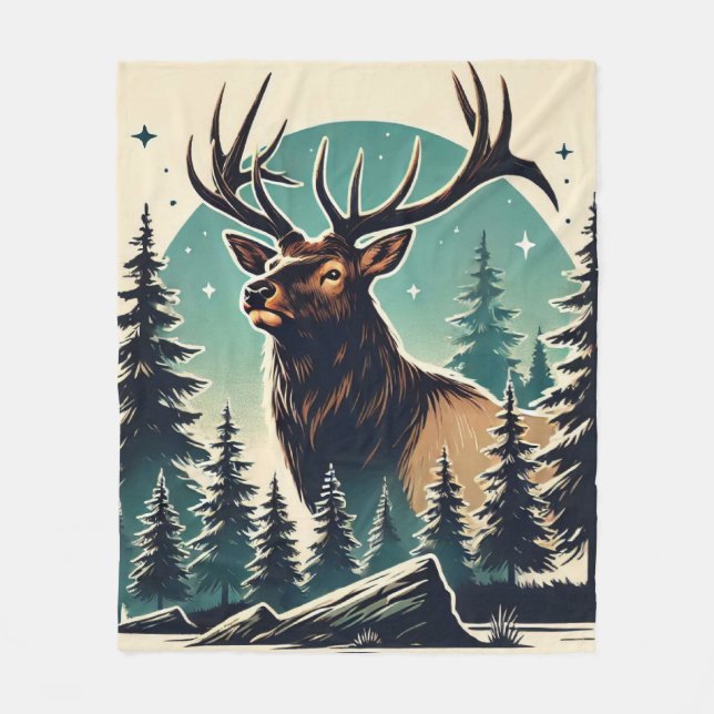 Elk in Stylised Forest with Starry Night Sky Fleece Blanket (Front)