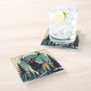 Elk in Stylised Forest with Starry Night Sky Glass Coaster