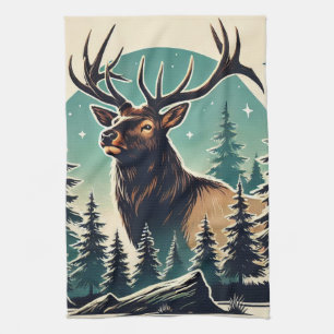 Elk in Stylised Forest with Starry Night Sky Tea Towel