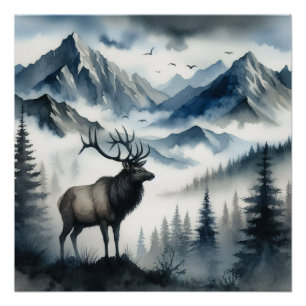 Elk Misty Mountains Watercolor Decoupage Poster