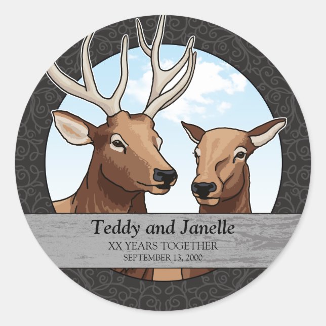Elk Personalised Wedding Anniversary Wildlife Classic Round Sticker (Front)