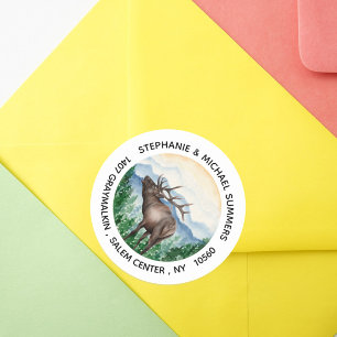 Elk Watercolor Forest Trees Round Return Address  Classic Round Sticker