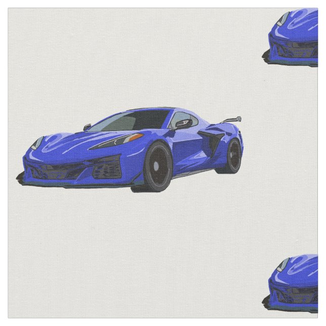 Elkhart Blue C8 Corvette Hand Drawn Sketch Fabric (Close Up)