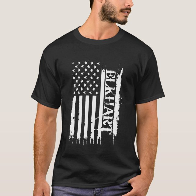 Elkhart United States Distressed w US Flag T-Shirt (Front)