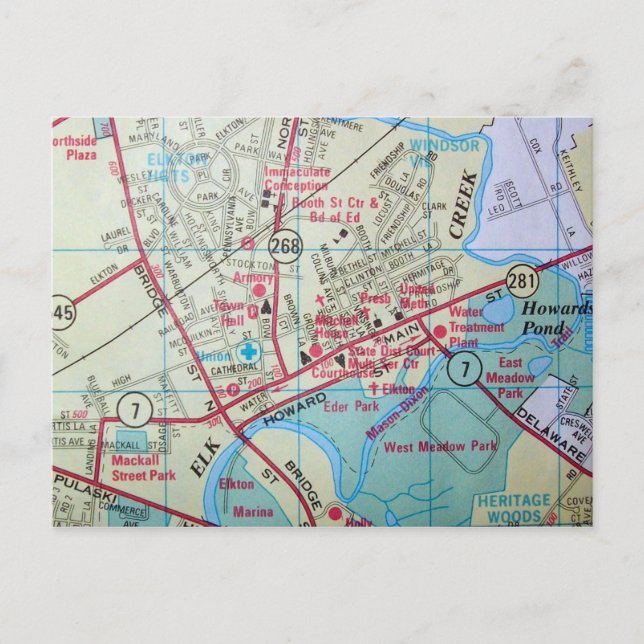 ELKTON, MD Vintage Map Postcard (Front)