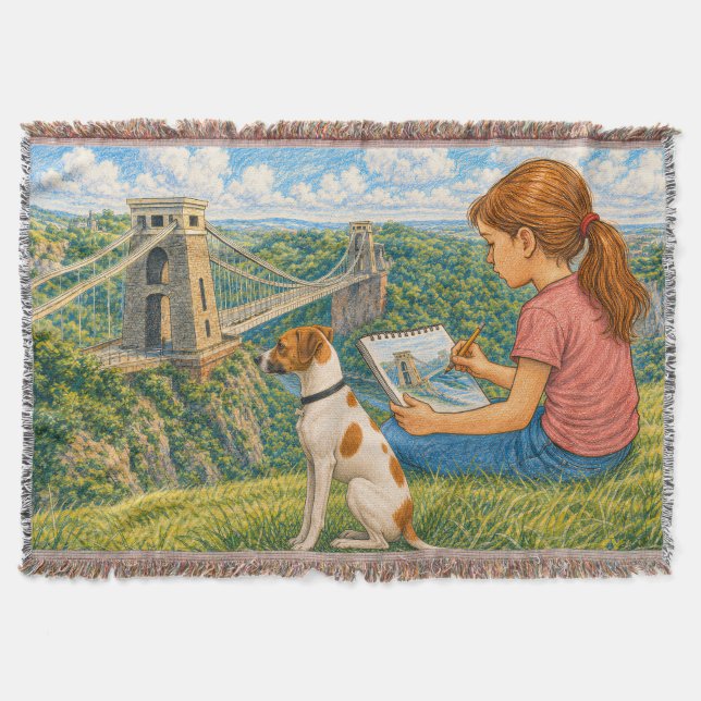 Ella and Bella Sketch Clifton Suspension Bridge Throw Blanket (Front)
