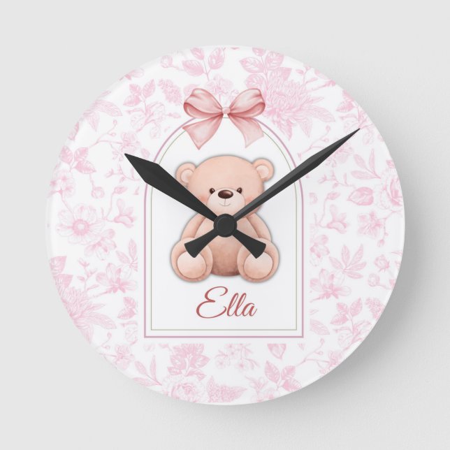 Ella | Custom Pink Teddy Bear Nursery Design  Round Clock (Front)