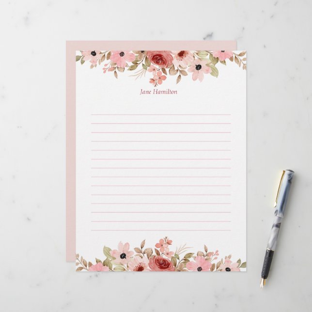 ELLE Pink Flower Elegant Lined Custom Letterhead (Front/Back In Situ)