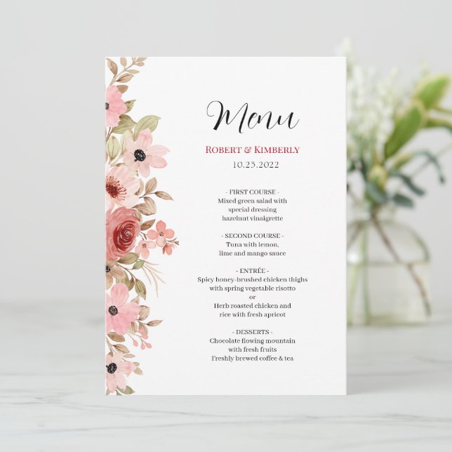 ELLE Pink Flower Elegant Wedding Menu (Standing Front)