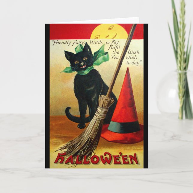 Ellen H. Clapsaddle: Black Cat, Broom and Hat Card (Front)