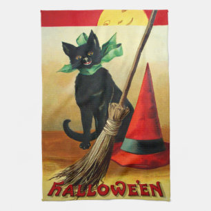 Ellen H. Clapsaddle: Black Cat, Broom and Hat Tea Towel