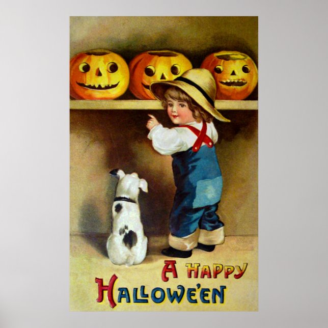 Ellen H. Clapsaddle: Boy, Dog and Jack O'Lanterns Poster (Front)