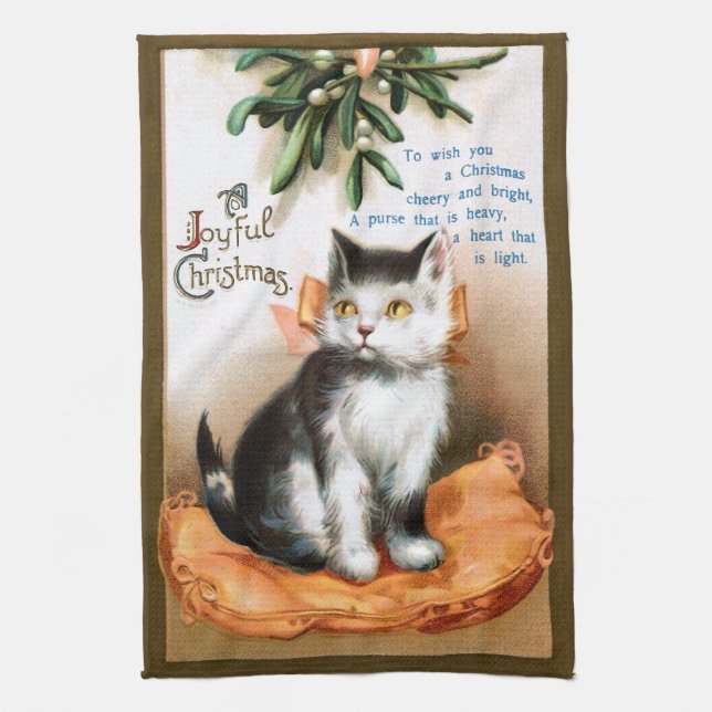Ellen H. Clapsaddle: Cat under Mistletoe Tea Towel (Vertical)