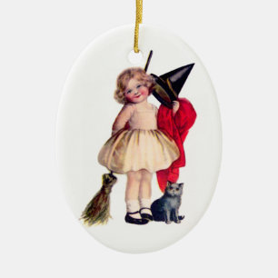 Ellen H. Clapsaddle: Little Witch with Cat Ceramic Tree Decoration