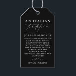 Ellesmere Black Italian Tradition Sugared Almonds Gift Tags<br><div class="desc">These sugared almonds wedding favour tag feature a minimalist design and calligraphy heading. Personalise the tags with your names, the script heading is not editable. These favour tag can be used for weddings, bridal showers, baby showers, birthdays, or any other event. For more advanced customisation of this design, simply select...</div>
