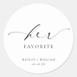 Ellesmere Her Favourite Favour Classic Round Stick Classic Round Sticker<br><div class="desc">These wedding favour stickers feature a minimalist design and calligraphy heading. Personalise the bags with your names and date, the script heading is not editable. These favour stickers can be used for weddings, bridal showers, baby showers, birthdays, or any other event. For more advanced customisation of this design, simply select...</div>
