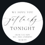 Ellesmere We Hope You Get Lucky Lotto Wedding Classic Round Sticker<br><div class="desc">These lotto ticket wedding favour stickers feature a minimalist design and calligraphy heading. Personalise the stickers with your names and date, the script heading is not editable. These favour stickers can be used for weddings, bridal showers, baby showers, birthdays, or any other event. For more advanced customisation of this design,...</div>