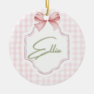 Ellie Personalized Pink Bow & Gingham Print Ceramic Tree Decoration