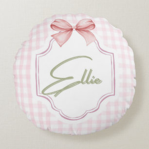 Ellie Personalized Pink Bow & Gingham Print  Round Cushion