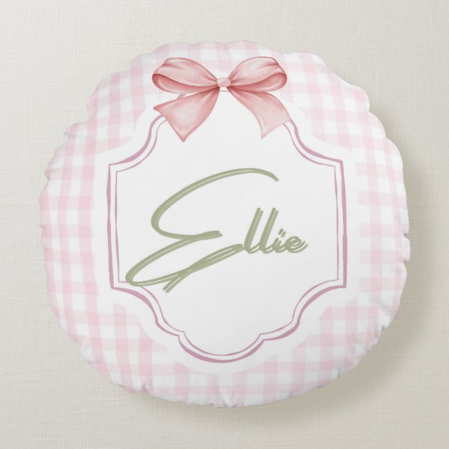 Ellie Personalized Pink Bow & Gingham Print  Round Cushion (Front)