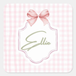 Ellie Personalized Pink Bow & Gingham Print  Square Sticker
