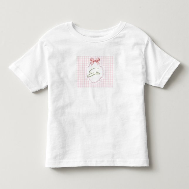 Ellie Personalized Pink Bow & Gingham Print  Toddler T-Shirt (Front)