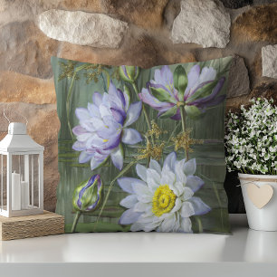 Ellis Rowan Blue White Water Lily Vintage Flowers Cushion