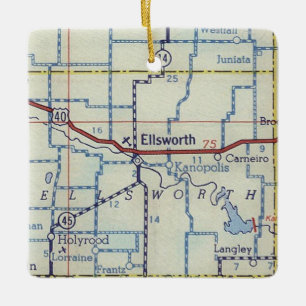 Ellsworth KS Vintage Map Ceramic Ornament