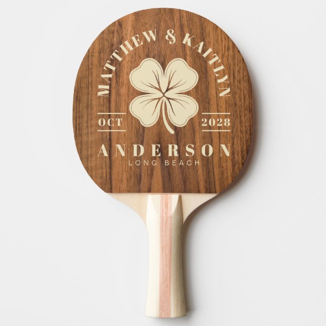 Elm Wood Irish Clover Wedding Crest Ping Pong Paddle (Front)