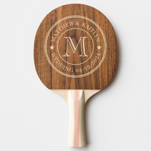 Elm Wood Wedding Monogram Star Ping Pong Paddle (Front)