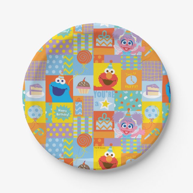 Elmo, Abby, and Cookie Monster Birthday Pattern Paper Plate (Front)