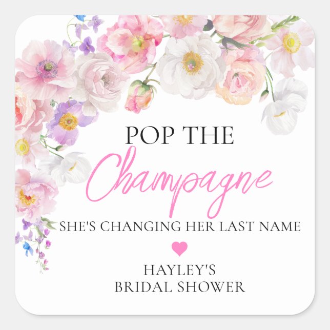 Eloise Floral Pop the Champagne Bridal Shower Square Sticker (Front)