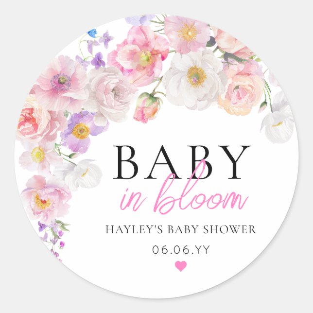 Eloise Pink Floral Baby in Bloom Baby Shower Classic Round Sticker (Front)