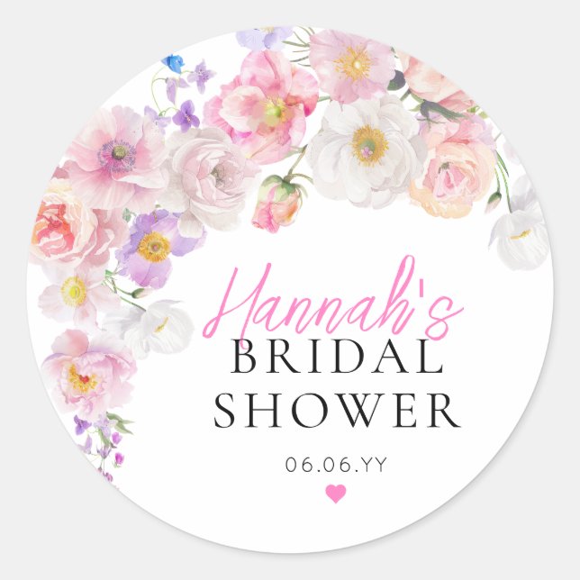 Eloise Pink Floral Bridal Shower Classic Round Sticker (Front)