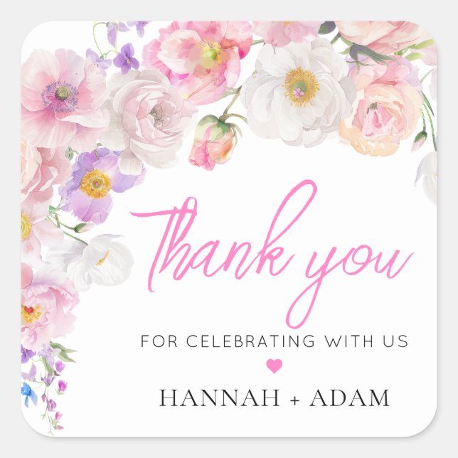 Eloise Pink Floral Thank You Favour Square Sticker (Front)