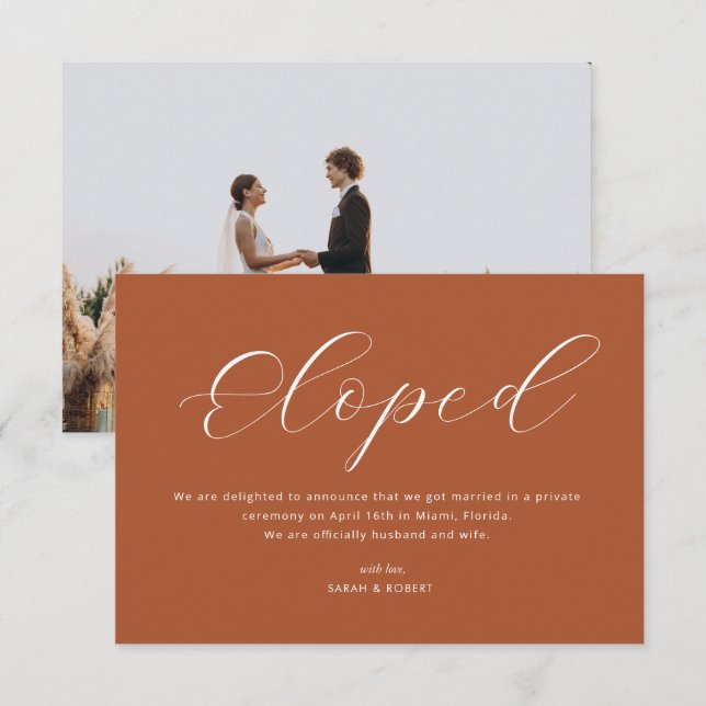 Eloped simple terracotta wedding announcement (Front/Back)