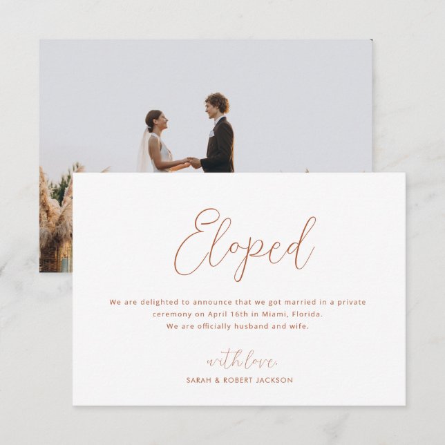 eloped, thin sript wedding announcement (Front/Back)