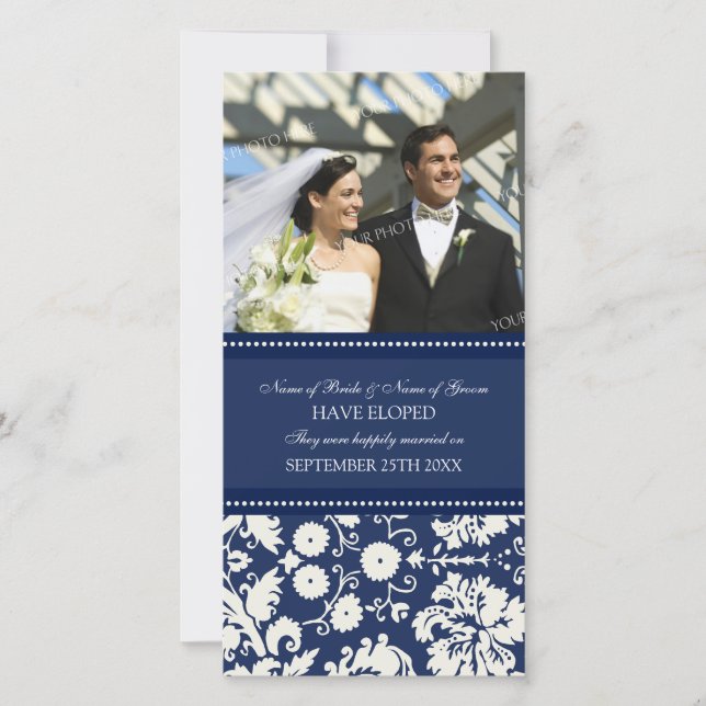 Elopement Announcement Photo Card Blue Damask (Front)