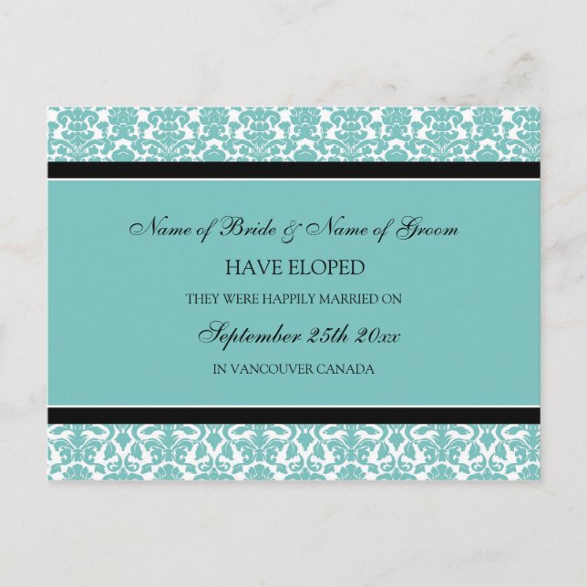 Elopement Announcement Postcards Teal Damask (Front)
