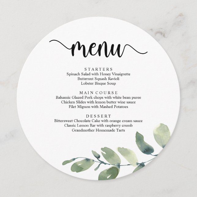 Elopement Dinner Modern Rustic Eucalyptus Greenery Menu (Front)